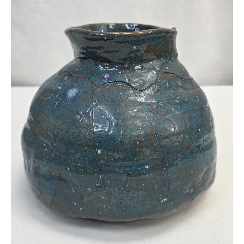 Studio Pottery Blue Glazed Ceramic Vase Handcrafted Etched Geometric Vessel
